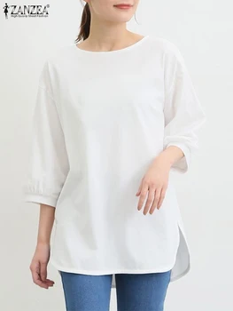 2023 ZANZEA Moda Bluza Femei Solid Split Tiv Topuri Tricou Supradimensionat de Vară, de Toamnă O Gâtului Maneca 3/4 Combinezon Mujer Blusas