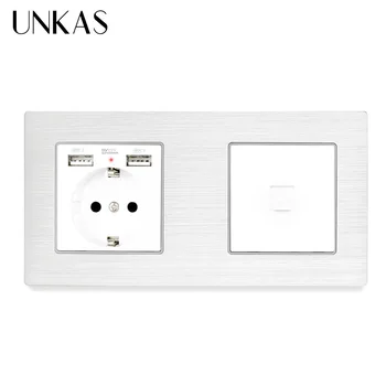 UNKAS UE Priză Standard Cu Dual USB Priza + 1 Banda RJ11 Tel Jack de Telefon Priză Aluminiu Alb Panou de Metal 172*86mm