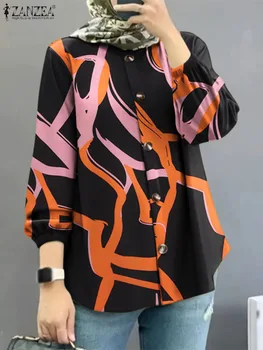 Toamna Musulman Bluza ZANZEA de Moda pentru Femei cu Maneca Lunga Topuri Imprimate Casual Vintage Butoanele de Jos Blusas Florale Ramadan Abaya Tricou
